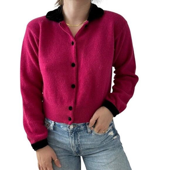 Vintage 1980s Women Robert Scott Hot Pink Angora Lambswool Blend Fluffy Cardigan - Picture 1 of 8